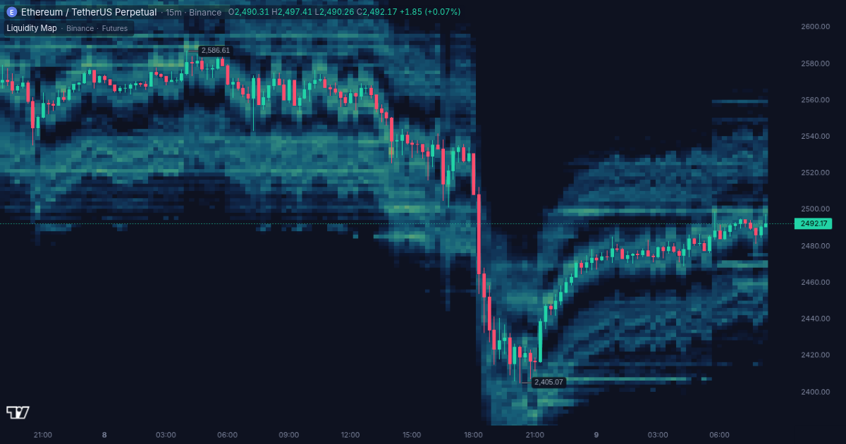 Ethereum price chart with the order book liquidity map in the Liqwall terminal